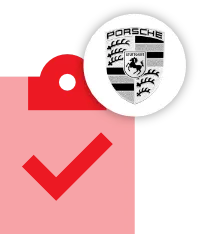 A black and white Porsche logo overlaps a red tag with a hole on the left side, against a black background, highlighting trusted Porsche Servicing.