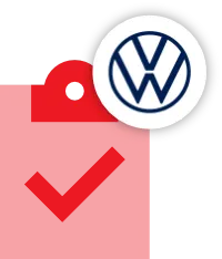 A red price tag with a hole on the left side and a Volkswagen logo inside a white circle in the upper right corner, representing Volkswagen Service.