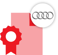 A red ribbon icon with a white circle in the top right corner displaying four interlocked silver rings, representing Audi Service.