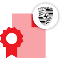Red ribbon icon with a circular badge in the top right corner featuring the black and white Porsche logo, perfect for representing Porsche Servicing or trusted Porsche Repair.