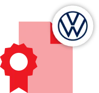 Red tag icon with a gear symbol and a circular Volkswagen logo in the upper right corner, representing VW Servicing.